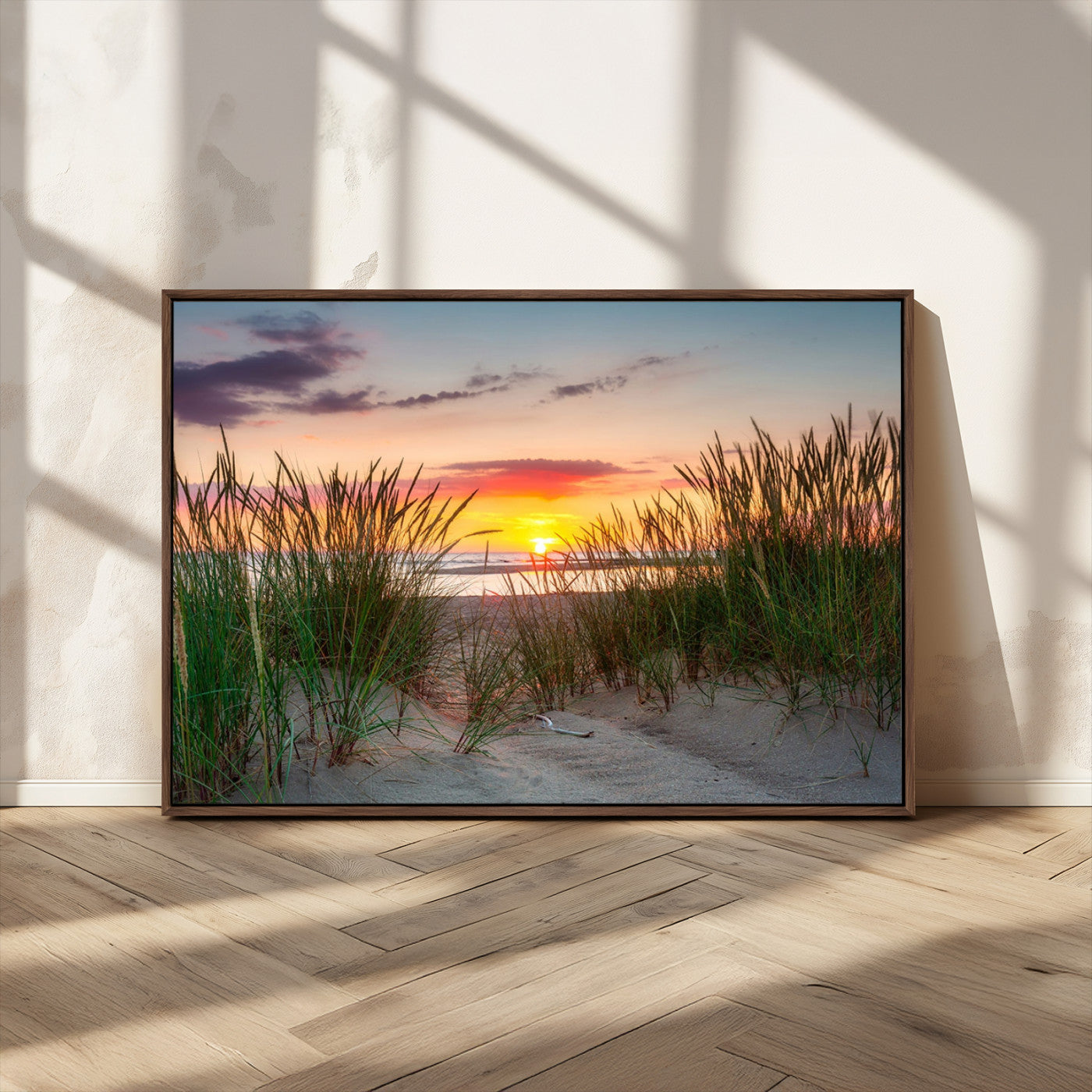25576-MGV-CV-36X24-Beach Grass Sunset Wall Art – Coastal Sand Dune Landscape Canvas Print, Ocean View Nature Decor for Living Room or Office Wall