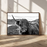 83810-MGV-CV-36X24-Highland Cow Wall Art – Black and White Highland Cattle Print, Rustic Farmhouse Animal Decor for Living Room or Office
