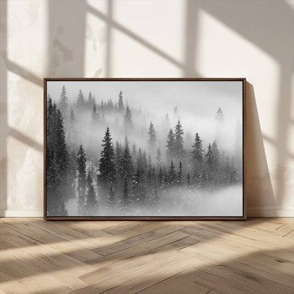 57235-MGV-CV-36X24-Misty Pine Forest Wall Art – Black and White Mountain Landscape Canvas Print, Nature Woodland Decor for Living Room, Bedroom or