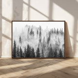 10422-MGV-CV-36X24-Misty Pine Forest Wall Art – Black and White Foggy Landscape Canvas Print, Serene Nature Woodland Decor for Bedroom, Office or