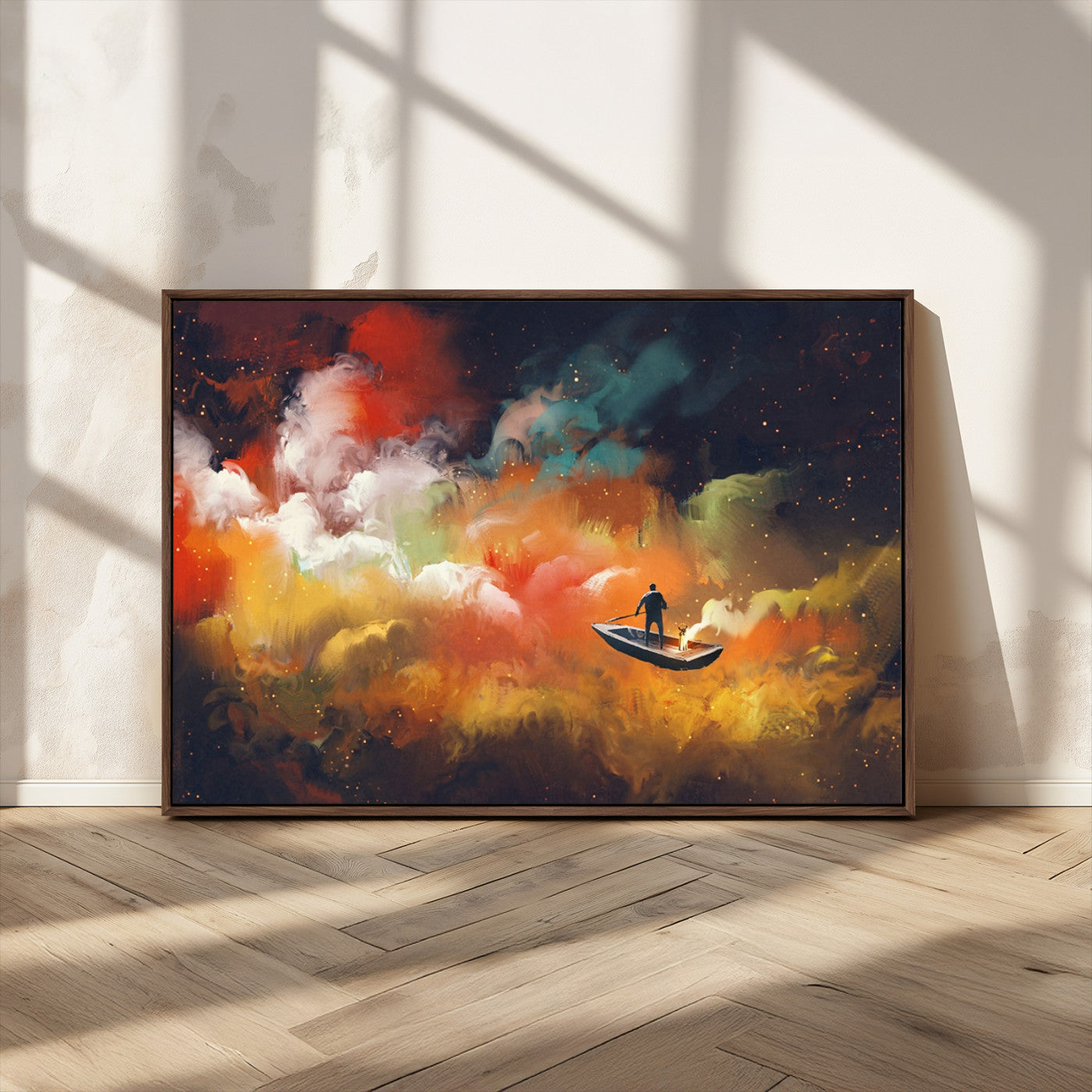 45085-MGV-CV-36X24-Surreal Cosmic Wall Art – Abstract Galaxy Dreamscape Canvas Print with Man and Dog in Boat, Fantasy Nebula Painting for Living