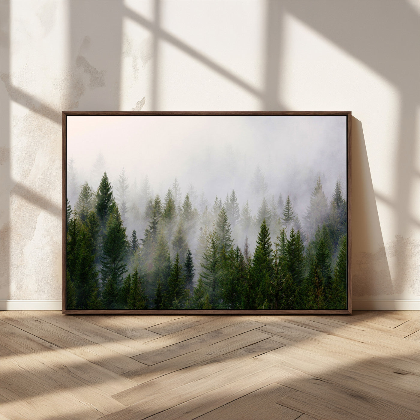 11436-MGV-CV-36X24-Misty Forest Wall Art – Tranquil Evergreen Tree Canvas Print with Foggy Landscape, Nature Inspired Artwork for Bedroom, Living