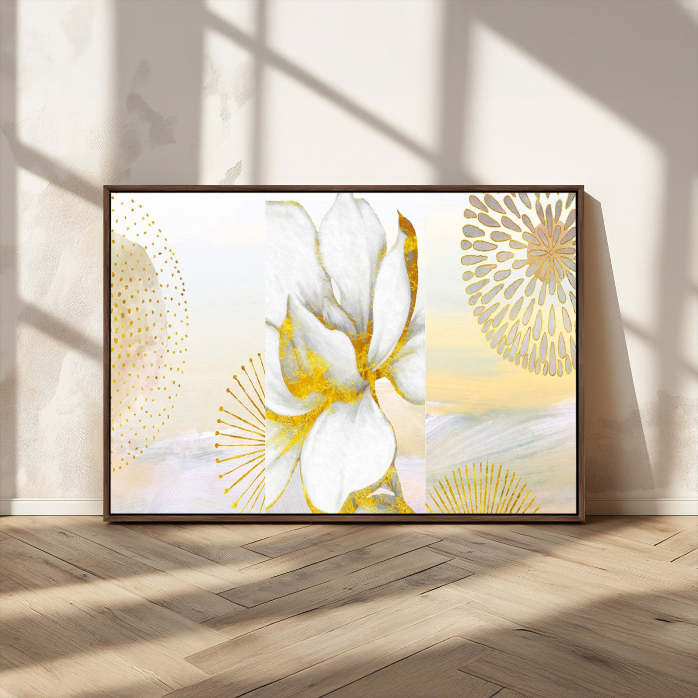 82301-MGV-CV-36X24-Modern Floral Wall Art – White Flower with Gold Detailing Canvas Print, Elegant Abstract Artwork for Living Room, Bedroom, or