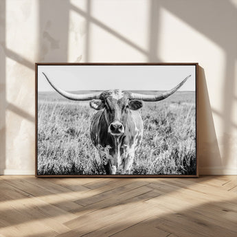 77320-MGV-CV-36X24-Texas Longhorn Wall Art – Black and White Western Cattle Canvas Print, Rustic Farmhouse Animal Photography Decor for Living Room,
