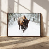 10109-MGV-CV-36X24-Majestic Bison Winter Wall Art – Snowy Forest Buffalo Canvas Print, Rustic Wildlife Photography Decor for Cabin, Lodge, Living