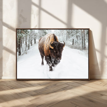 10109-MGV-CV-36X24-Majestic Bison Winter Wall Art – Snowy Forest Buffalo Canvas Print, Rustic Wildlife Photography Decor for Cabin, Lodge, Living