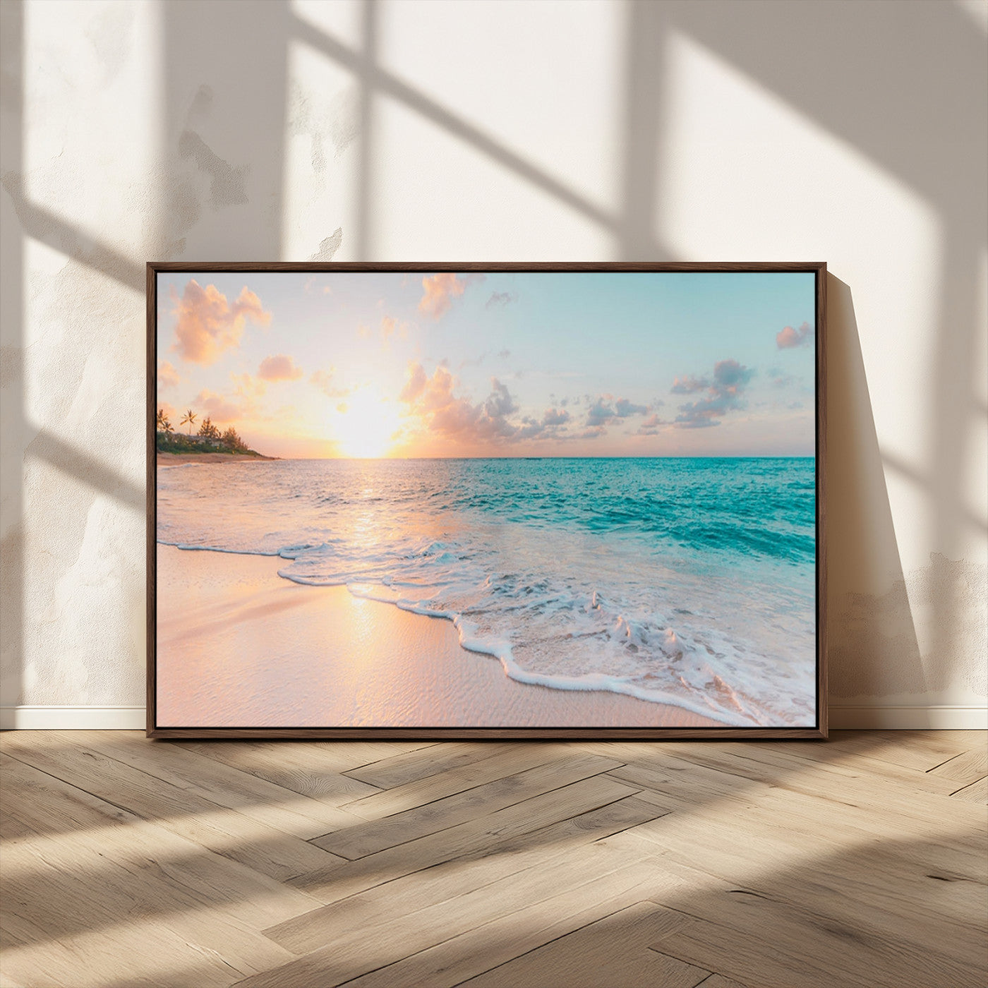 36554-MGV-CV-36X24-Tropical Beach Sunset Wall Art – Ocean Waves and Palm Canvas Print, Coastal Seascape Photography Decor for Living Room, Bedroom,