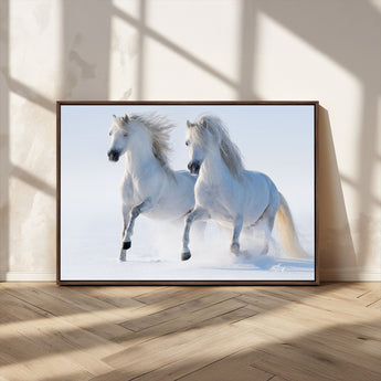 80145-MGV-CV-36X24-White Horses Running Snow Wall Art – Majestic Equine Canvas Print, Winter Nature Photography Decor for Living Room, Office,