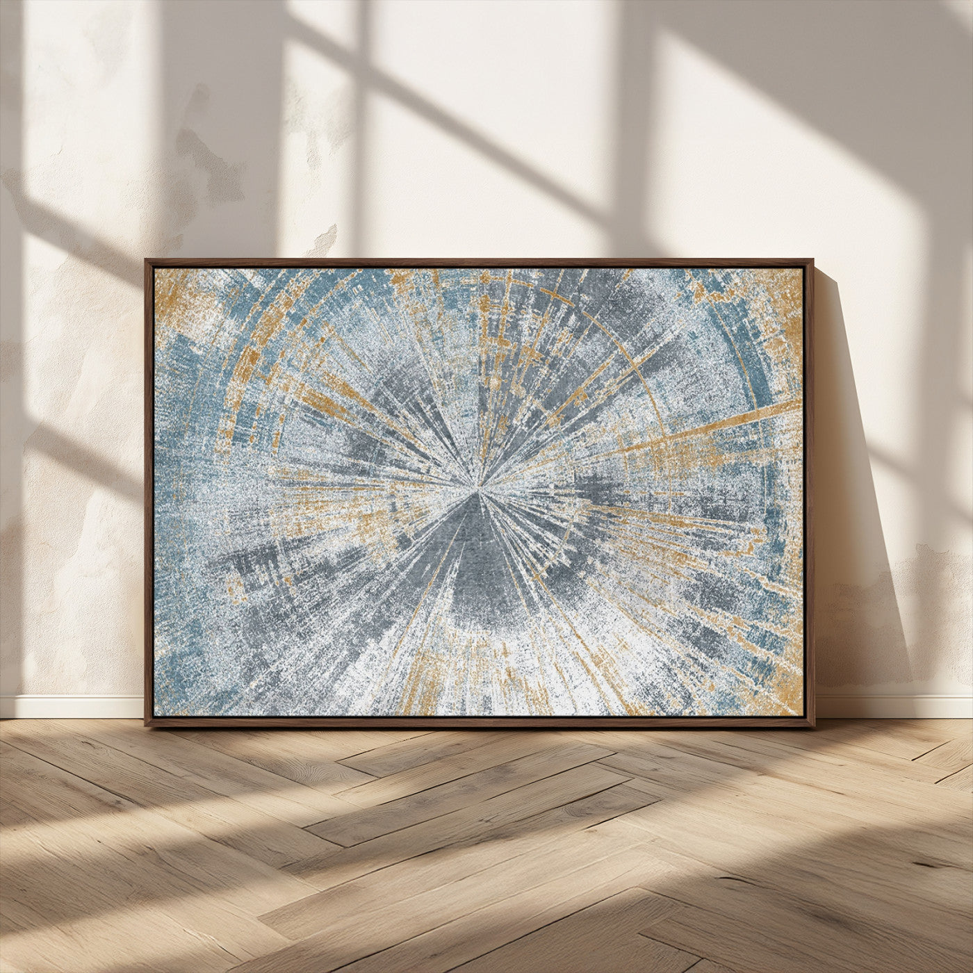 17631-MGV-CV-36X24-Radiant Burst Wall Art – Abstract Sunburst Canvas Print in Blue and Gold, Modern Geometric Painting for Living Room, Office or