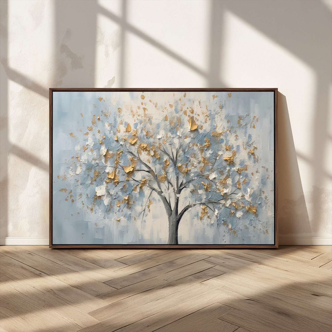 65811-MGV-CV-36X24-Abstract Tree Wall Art – Textured Canvas Painting with Gold and White Leaves, Modern Nature Inspired Decor for Living Room or