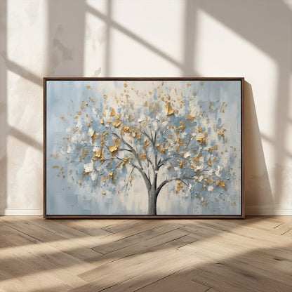 65811-MGV-CV-36X24-Abstract Tree Wall Art – Textured Canvas Painting with Gold and White Leaves, Modern Nature Inspired Decor for Living Room or