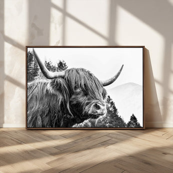 61570-MGV-FC-36X24_Walnut-Highland Cow Wall Art – Black and White Scottish Bull Canvas Print, Rustic Farmhouse Animal Decor for Living Room, Bedroom, or