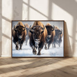 80512-MGV-CV-36X24-Bison Herd Wall Art – Buffalo Running in Snow Canvas Print, Rustic Wildlife Photography Decor for Cabin, Lodge, or Living Room