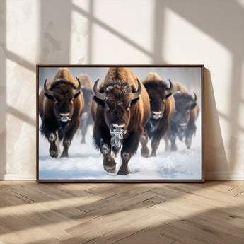 80512-MGV-CV-36X24-Bison Herd Wall Art – Buffalo Running in Snow Canvas Print, Rustic Wildlife Photography Decor for Cabin, Lodge, or Living Room