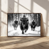 97552-MGV-CV-36X24-Black and White Bison Wall Art – Buffalo Herd Running in Snow Canvas Print, Rustic Wildlife Photography Decor for Cabin, Lodge, or