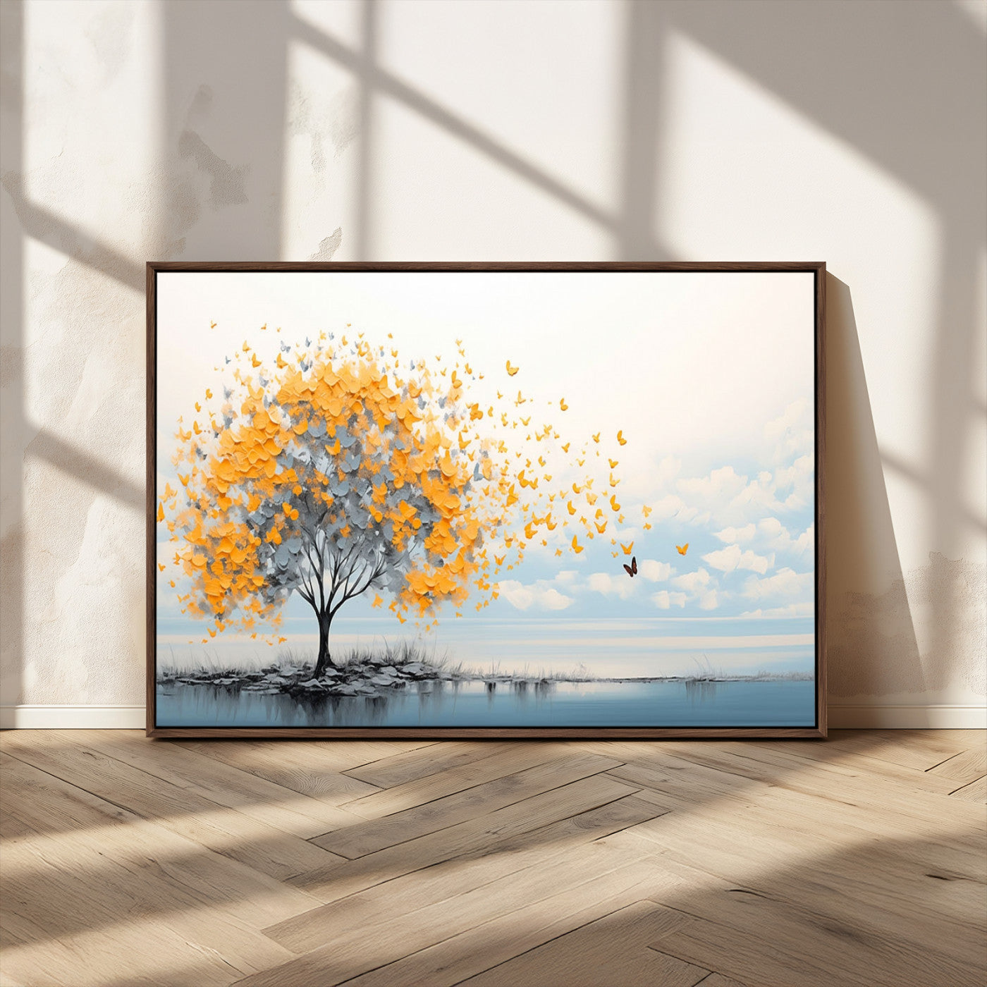 23385-MGV-CV-36X24-Golden Butterfly Tree Wall Art – Abstract Yellow and Gray Canvas Print, Modern Nature Artwork for Living Room, Bedroom or Office