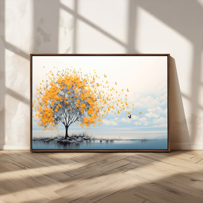 23385-MGV-CV-36X24-Golden Butterfly Tree Wall Art – Abstract Yellow and Gray Canvas Print, Modern Nature Artwork for Living Room, Bedroom or Office