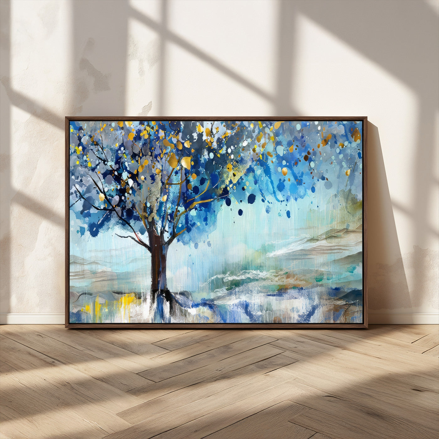 17018-MGV-FC-36X24_Walnut-Abstract Blue Tree Wall Art – Colorful Canvas Painting with Gold and Silver Accents, Modern Nature Artwork for Living Room,