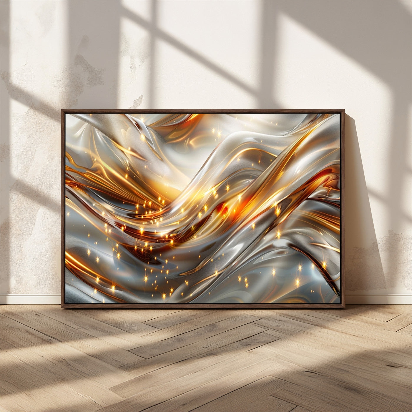 Lines1-MGV-CV-36X24-Abstract Metallic Wall Art – Silver and Gold Wave Canvas Print with Sparkling Accents, Modern Luxury Decor for Living Room, Office