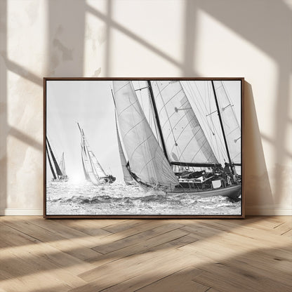 Boat-1-MGV-CV-36X24-Sailboat Racing Wall Art – Nautical Black and White Canvas Print, Ocean Adventure Decor for Office, Living Room or Bedroom