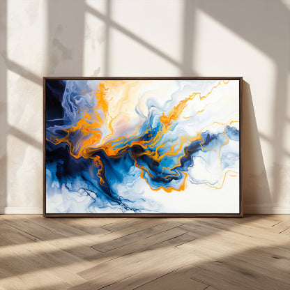 83720-MGV-CV-36X24-Abstract Fluid Wall Art – Blue, White and Gold Swirl Canvas Painting, Modern Contemporary Artwork for Living Room, Bedroom or
