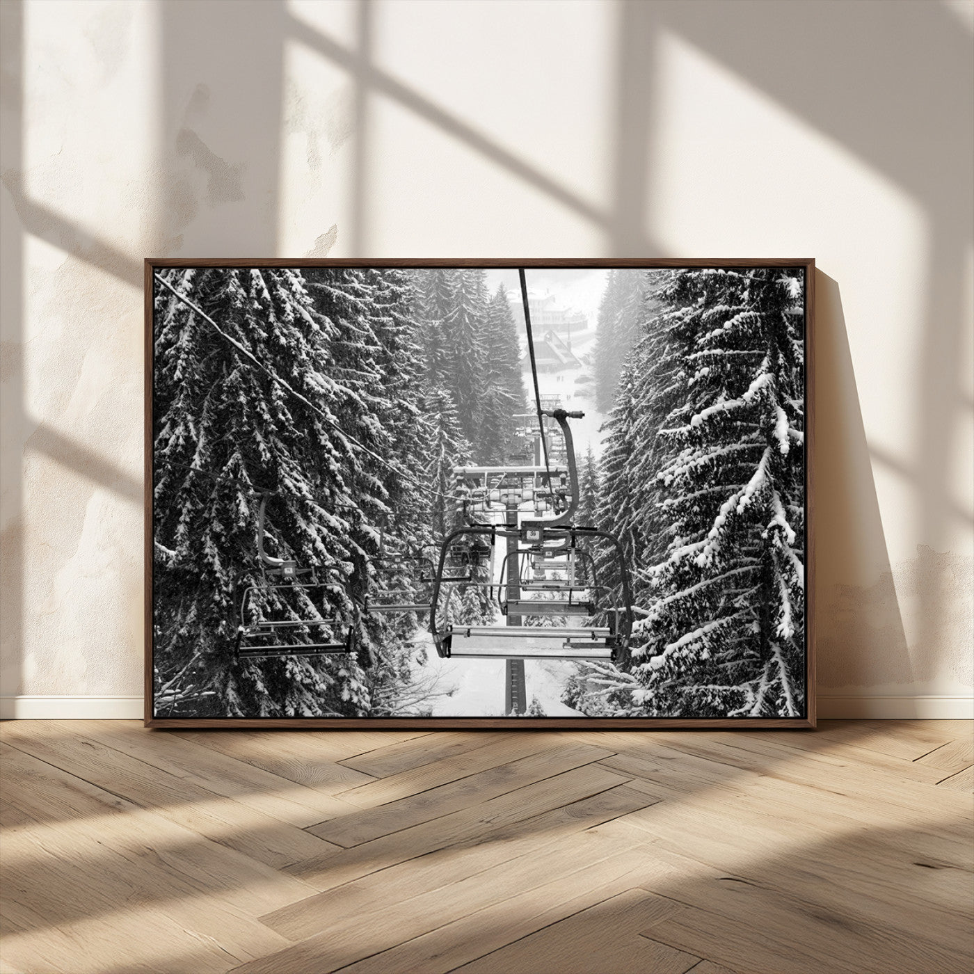 19240-MGV-CV-36X24-Ski Lift Wall Art – Black and White Winter Mountain Canvas Print, Snowy Forest Ski Resort Photography for Cabin, Lodge, Office or