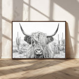 94579-MGV-CV-36X24-Highland Cow Wall Art – Black and White Longhorn Canvas Print, Rustic Western Farmhouse Animal Photography for Living Room,