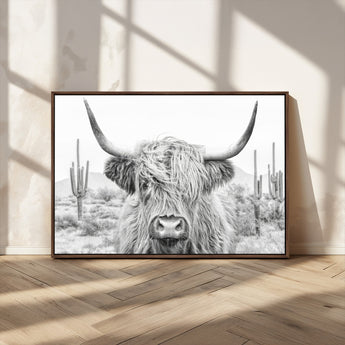 94579-MGV-CV-36X24-Highland Cow Wall Art – Black and White Longhorn Canvas Print, Rustic Western Farmhouse Animal Photography for Living Room,
