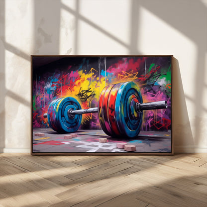 13549-MGV-CV-36X24-Graffiti Gym Wall Art Canvas Print, Framed Graffiti Barbell Art Picture Print, Weightlifting Perfect Fitness Studio Decor Artwork
