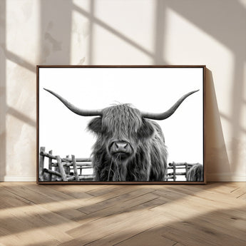 58188-MGV-CV-36X24-Highland Cow Wall Art – Black and White Rustic Farmhouse Canvas Print, Longhorn Cattle Photography Decor for Living Room or