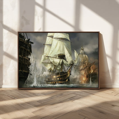 26512-MGV-CV-36X24-Naval Battle Wall Art – Dramatic Tall Ship Canvas Print, Historic Pirate Sailing War Scene, Nautical Decor for Office, Study or