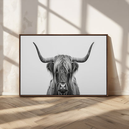 35820-MGV-CV-36X24-Minimalist Highland Cow Wall Art – Black and White Longhorn Cattle Canvas Print, Modern Farmhouse Animal Photography Decor for