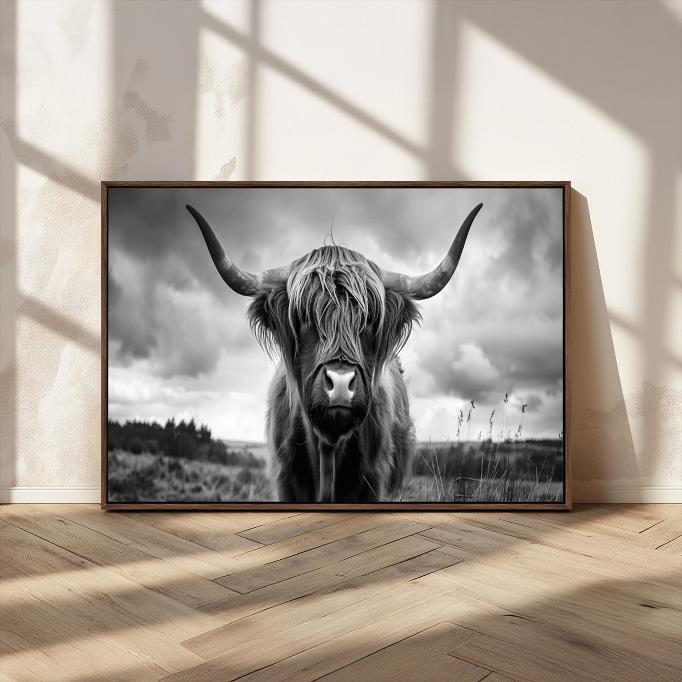 17924-MGV-CV-36X24-Highland Cow Wall Art – Black and White Rustic Longhorn Cattle Canvas Print, Farmhouse Animal Photography Decor for Country Home