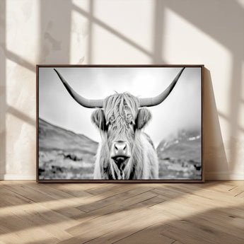 80564-MGV-FC-36X24_Walnut-Highland Cow Wall Art – Black and White Scottish Highland Canvas Print, Rustic Farmhouse Decor for Living Room, Bedroom or Office