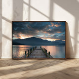 20442-MGV-FC-36X24_Walnut-Lakeside Sunset Dock Wall Art – Peaceful Mountain Lake Canvas Print, Serene Nature Landscape Decor for Living Room, Bedroom or
