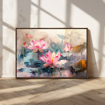 27936-MGV-CV-36X24-Lotus Pond Wall Art – Watercolor Pink Lotus Flowers Canvas Print, Tranquil Botanical Artwork for Bedroom, Living Room or