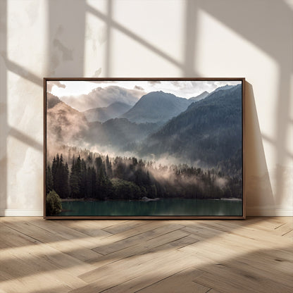 61116-MGV-CV-36X24-Misty Mountain Lake Wall Art – Tranquil Foggy Forest and Lake Canvas Print, Scenic Nature Landscape Decor for Living Room or