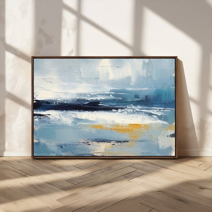 19746-MGV-FC-36X24_Walnut-Abstract Ocean Wall Art – Modern Coastal Canvas Print with Blue, White and Gold Textures, Contemporary Seascape Painting for
