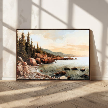 77145-MGV-CV-36X24-Coastal Landscape Wall Art – Panoramic Rocky Shoreline and Pine Trees Canvas Print, Rustic Nature Decor for Cabin, Lodge, Office,