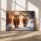 94810-MGV-CV-36X24-Highland Cow Wall Art – Rustic Canvas Print Two Cattle Snow Path Sunset, Farmhouse Country Decor for Living Room, Bedroom, Office,