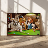 34228-MGV-CV-36X24-Dogs Playing Pool Wall Art Canvas Print, Framed Funny Dog Art Picture Print, Dog Perfect Game Room Decor Artwork