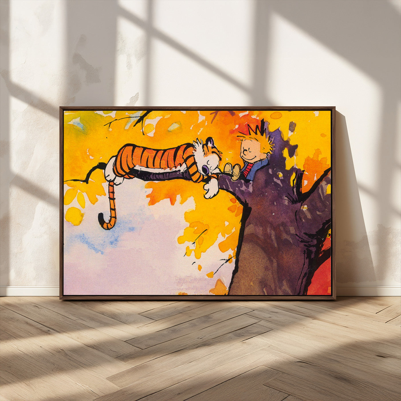 55145-MGV-CV-36X24-Cartoon Wall Art – Colorful Autumn Tree Canvas Print Whimsical Boy Tiger Relaxing Scene, Playful Vintage Style Decor for Living