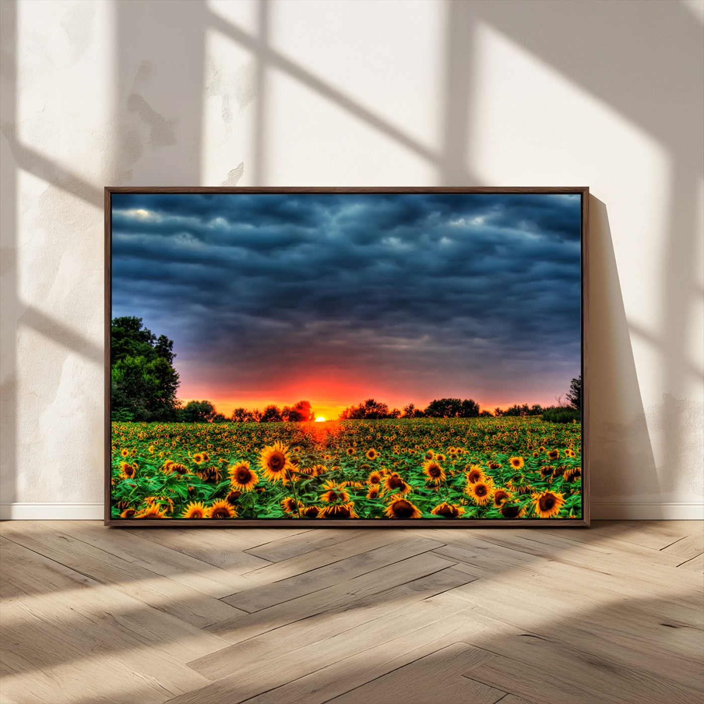 45045-MGV-CV-36X24-Sunflower Field Sunset Wall Art – Dramatic Stormy Sky Landscape Print, Vibrant Yellow Floral Nature Canvas for Living Room,