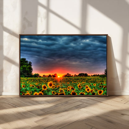 45045-MGV-CV-36X24-Sunflower Field Sunset Wall Art – Dramatic Stormy Sky Landscape Print, Vibrant Yellow Floral Nature Canvas for Living Room,