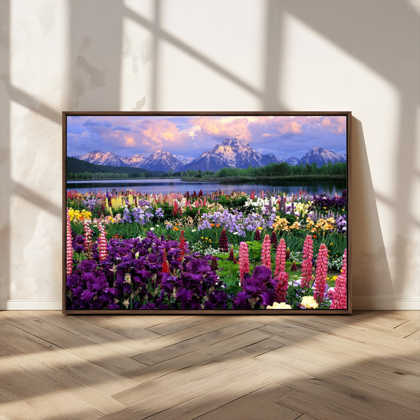 82270-MGV-CV-36X24-Colorful Wildflower Meadow Landscape Wall Art – Snow-Capped Mountain Lake Sunset Print, Vibrant Nature Artwork for Living Room,