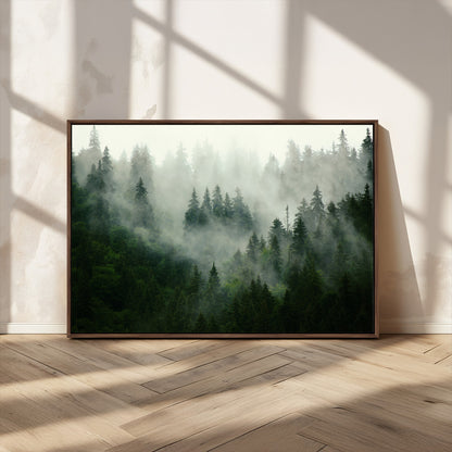 167720496-MGV-CV-36X24-Misty Forest Wall Art – Serene Evergreen Trees Canvas Print, Foggy Mountain Nature Landscape Decor for Bedroom, Living Room or