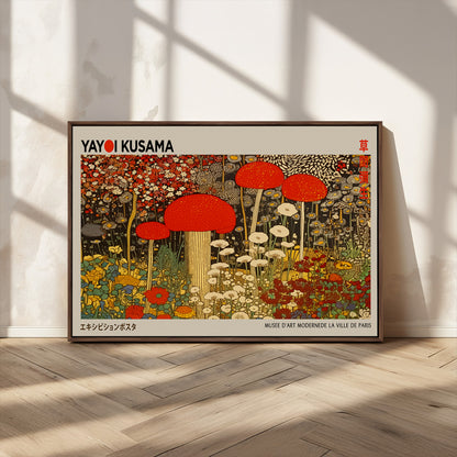 38013-MGV-CV-36X24-Yayoi Kusama Inspired Mushroom Garden Wall Art – Whimsical Botanical Canvas Print, Surreal Nature Poster, Fantasy Floral Artwork