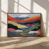 22313-MGV-CV-36X24-Yayoi Kusama Wall Art – Abstract Mount Fuji Landscape Canvas Print, Vibrant Japanese Nature Scene with River, Mountains and Sky