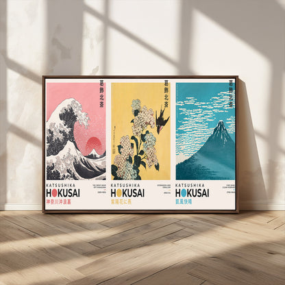 Katsushika-MGV-CV-36X24-Katsushika Hokusai Wall Art Set – The Great Wave, Hydrangea and Swallow, Fine Wind Canvas Prints, Japanese Ukiyo e Style Home and
