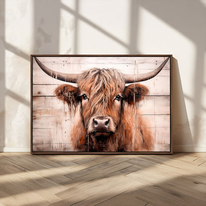 93730-MGV-CV-36X24-Scottish Cow Wall Art Canvas Print, Framed Longhorn Cow Art Picture Print, Highland Cattle Perfect Rustic Farmhouse Decor Artwork